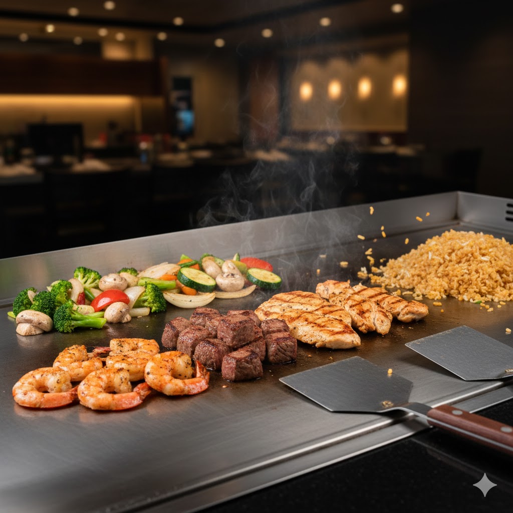 The full hibachi spread — steak, shrimp, chicken, veggies and fried rice